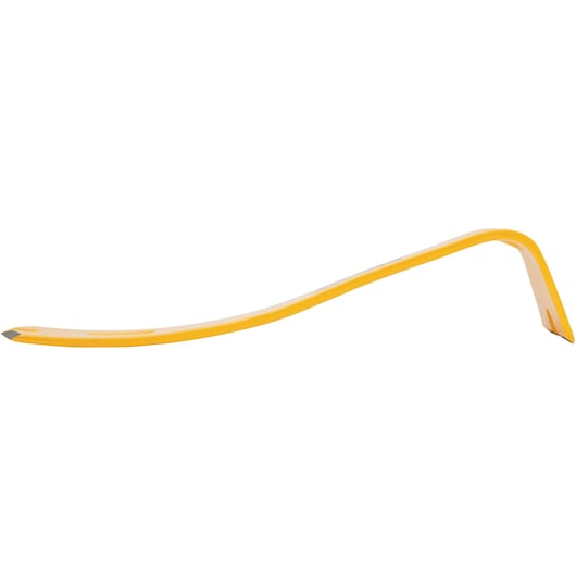Yellow DEWALT pry bar with angled design and flat claw ends, shown on a white background.
