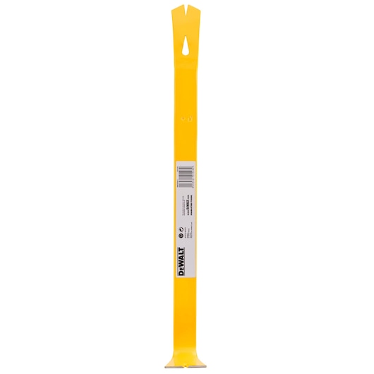 Yellow DEWALT flat pry bar tool with barcode label, shown vertically on white background.