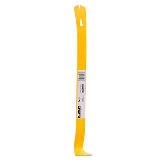 Yellow DEWALT pry bar with label, flat and curved ends, used for demolition and removing nails.