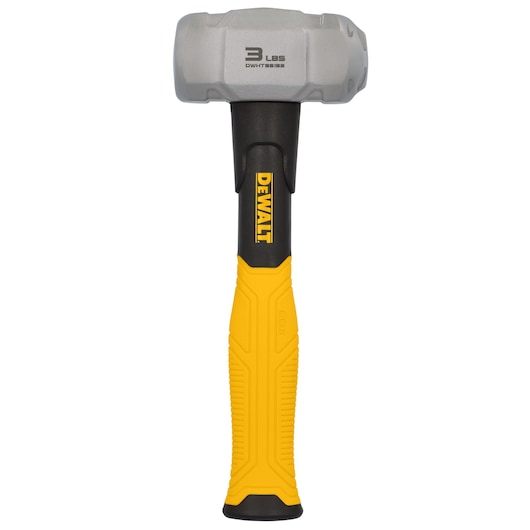 DEWALT 3 lb sledgehammer with a yellow and black handle, shown upright on a white background.