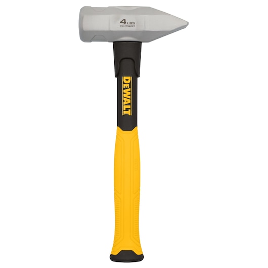 DEWALT 4 lb sledgehammer with yellow and black handle, pointed steel head, designed for heavy-duty tasks.