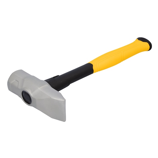 A sledgehammer with a yellow and black handle and a grey metal head, shown on a white background.