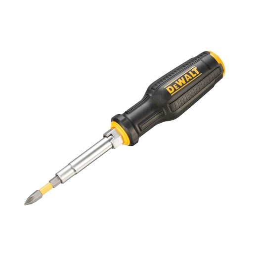 A DEWALT multi-bit screwdriver with a black and yellow handle and interchangeable screwdriver bit.