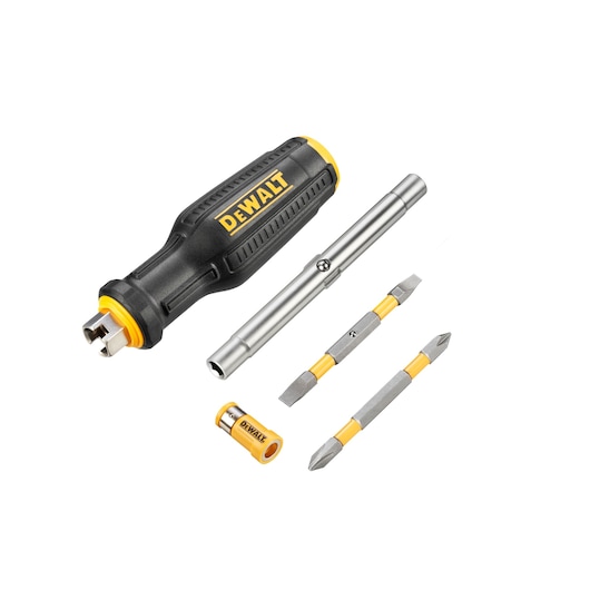 DEWALT multi-bit screwdriver set displayed on a white background, showing a black and yellow handle, interchangeable shaft, two double-ended screwdriver bits, and a yellow bit holder.