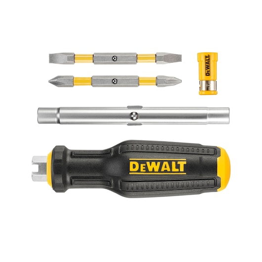 A DEWALT branded multi-bit screwdriver set with interchangeable bits, including a black and yellow handle, two double-ended metal bits, a silver extension shaft, and a small yellow adapter, displayed against a white background.