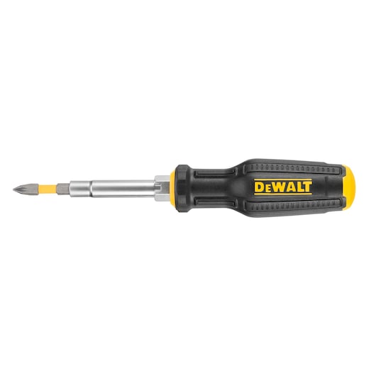 A DEWALT branded screwdriver with a black and yellow handle and a metal shaft, shown on a white background.