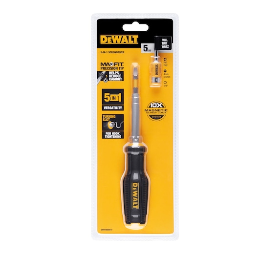 DEWALT 5-in-1 screwdriver in packaging with magnetic screw lock and precision tip for versatility and camout reduction.