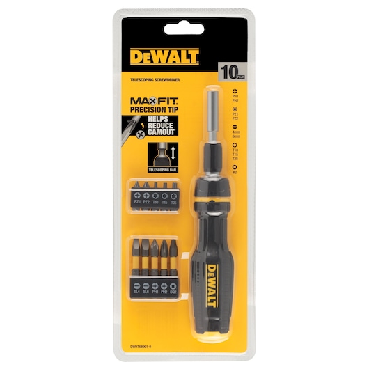 DEWALT telescoping screwdriver set in retail packaging, featuring a black and yellow handle, a telescoping bar, and multiple interchangeable bits displayed. The packaging highlights MAX FIT precision tip and includes ten pieces.