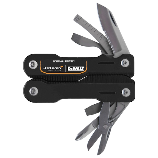 DEWALT McLaren Special Edition multitool with various extended tools, including knife, ruler, scissors, and pliers.