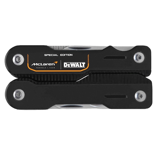 Closed DEWALT McLaren special edition black multitool with visible branding on outer casing.