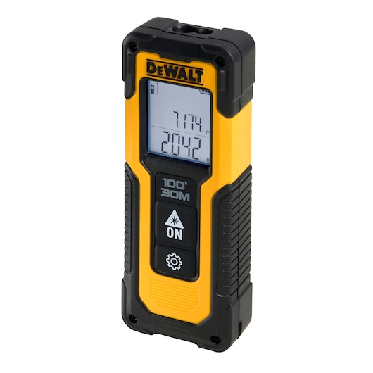 A DEWALT branded laser distance measurer with a digital display showing measurements, rugged yellow and black casing, and control buttons on the front.