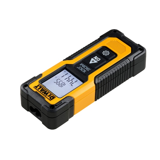 A DEWALT DWHT77100 laser distance measurer device with a digital display, featuring black and yellow casing, two prominent buttons, and the DEWALT logo.