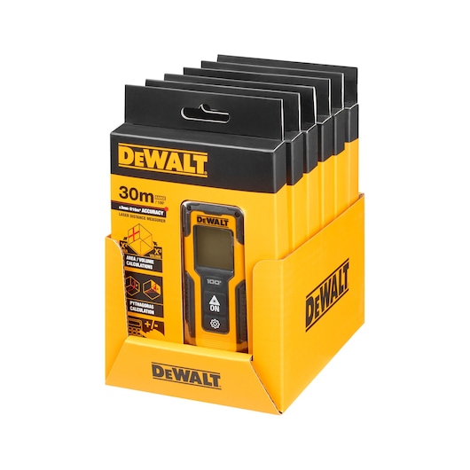 Display box containing several DEWALT laser distance measurer packages, with visible branding and product details such as 30-meter range and calculation features.