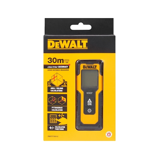 DEWALT DWHT77100 laser distance measurer in yellow and black packaging showing the device and details like 30m range, area/volume calculation, Pythagoras calculation, and calculator functions.