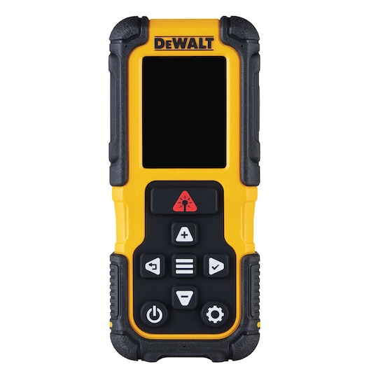A DEWALT handheld laser distance measurer with a yellow and black rugged exterior, featuring a display screen and several control buttons below.