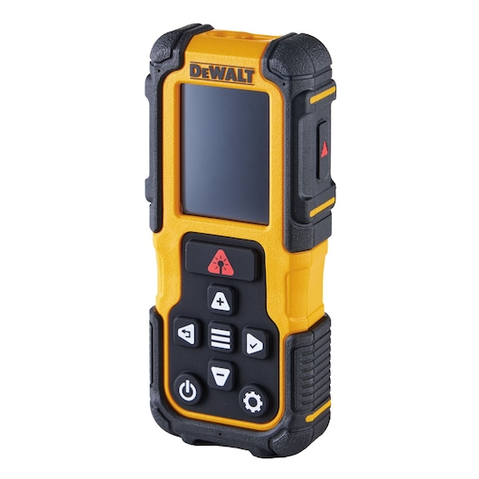 A yellow and black DEWALT hand-held electronic device with a display screen and several buttons. The device is rugged and appears designed for professional use, likely a laser distance measurer or digital measuring tool.
