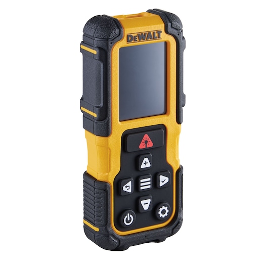 A DEWALT handheld electronic device with a rugged black and yellow casing, screen, and multiple buttons, including power and function symbols.
