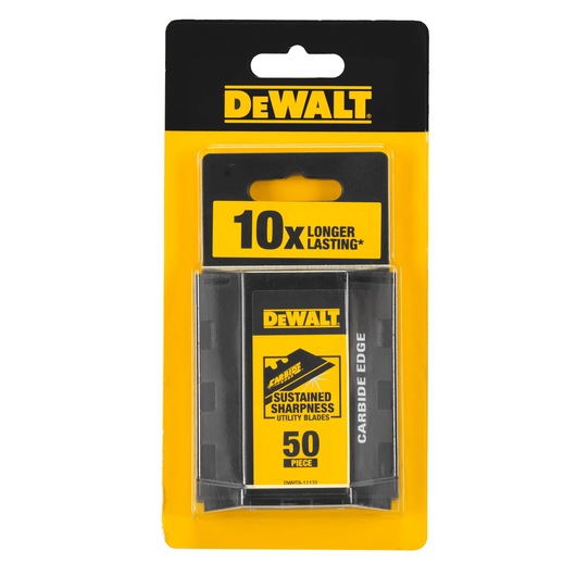 DEWALT carbide utility blades pack, 50 pieces, sustained sharpness, yellow and black packaging.