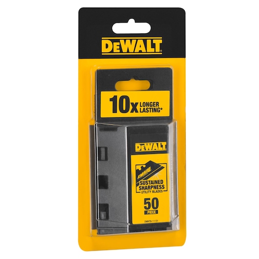 DEWALT utility blades pack, sustained sharpness, 50 pieces, yellow and black packaging.