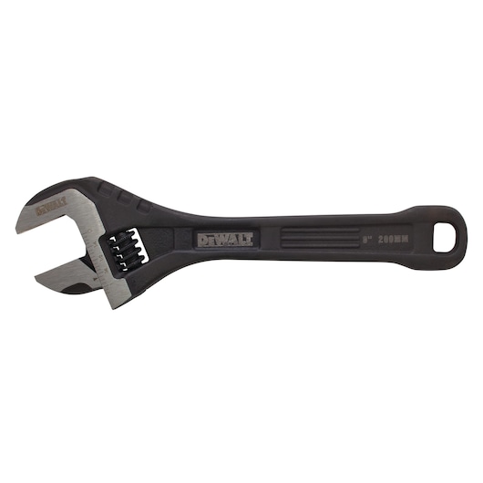 A DEWALT adjustable wrench with a black handle and silver jaw, marked with measurement increments and branding, displayed against a white background.