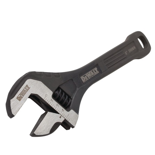 A DEWALT adjustable wrench with a black handle and metallic jaws, featuring measurement markings and a branded logo, positioned on a white background.