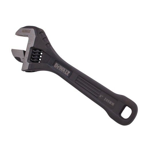 A DEWALT adjustable wrench with a black handle and metal jaws, displayed on a white background.