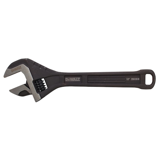 A DEWALT adjustable wrench with a black handle and metal jaws, featuring a measurement marking of 10 inches or 250 mm on the handle.