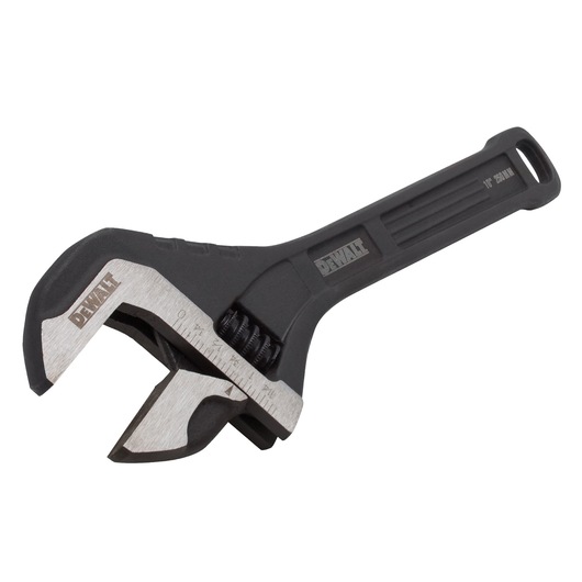 A DEWALT adjustable wrench with a black handle and silver jaws, featuring measurement markings and a thumbwheel for adjusting the jaw width.