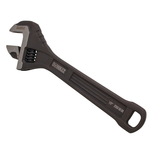 A DEWALT adjustable wrench with a black handle and metallic jaw, shown on a white background. The handle displays the DEWALT logo and indicates a size of 10 inches or 250 mm.