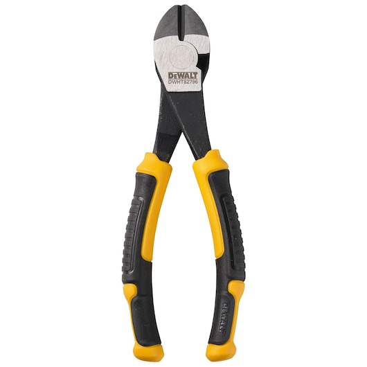 A pair of DEWALT diagonal cutting pliers with black and yellow ergonomic handles, model DWHT82796-0, shown on a white background.