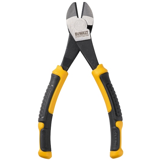 A pair of DEWALT diagonal cutting pliers with black and yellow ergonomic handles.