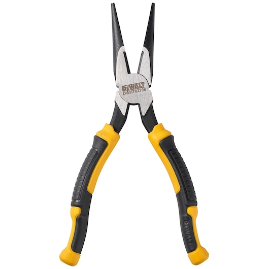 DEWALT long nose pliers with black and yellow ergonomic handles, SKU DWHT82798-0, shown on a white background.