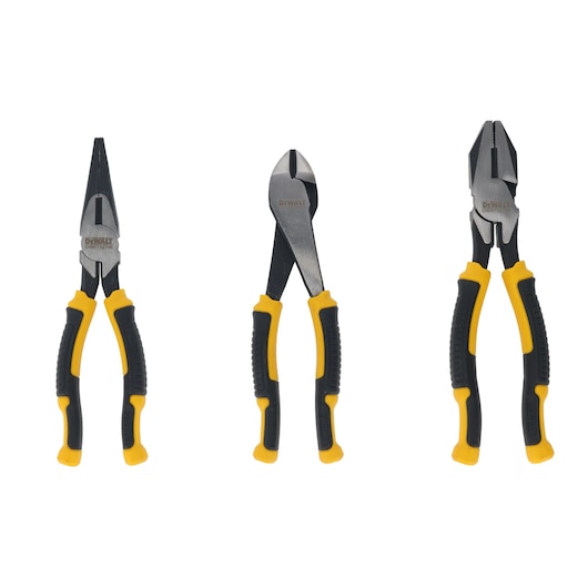 Three DEWALT pliers with black and yellow handles are displayed against a white background. The set includes needle-nose pliers, diagonal cutting pliers, and lineman's pliers.