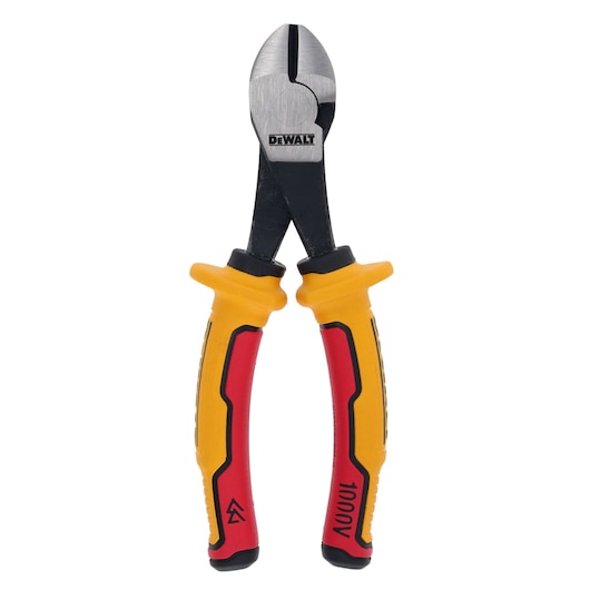 A pair of DEWALT insulated diagonal cutting pliers with yellow and red ergonomic handles, designed for electrical work.