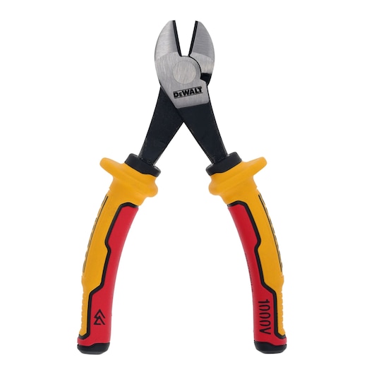 DEWALT insulated wire cutters with yellow and red handles, suitable for electrical work.