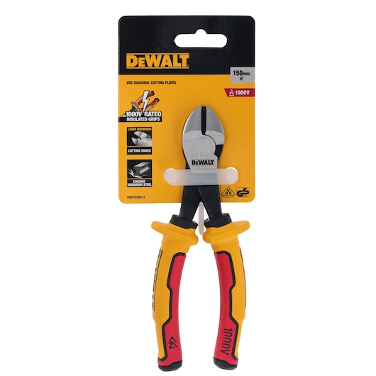 DEWALT VDE diagonal cutting pliers with insulated handles, 150mm size, for electrical and general cutting tasks.