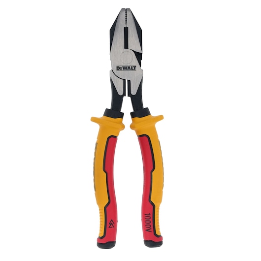 A pair of DEWALT insulated combination pliers with yellow and red ergonomic handles, designed for electrical work. The pliers have a steel head with a gripping and cutting section.