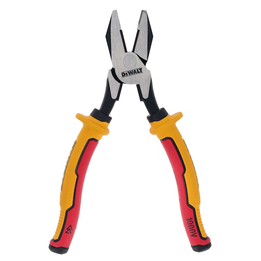 DEWALT insulated combination pliers with yellow and red handles for electrical work.