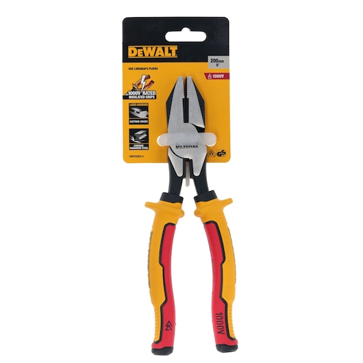 DEWALT 200mm insulated lineman's pliers with yellow and red handles, suitable for electrical work up to 1000V.