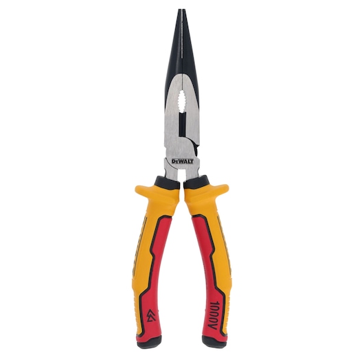 A pair of DEWALT long nose pliers with insulated yellow and red handles, shown against a white background.