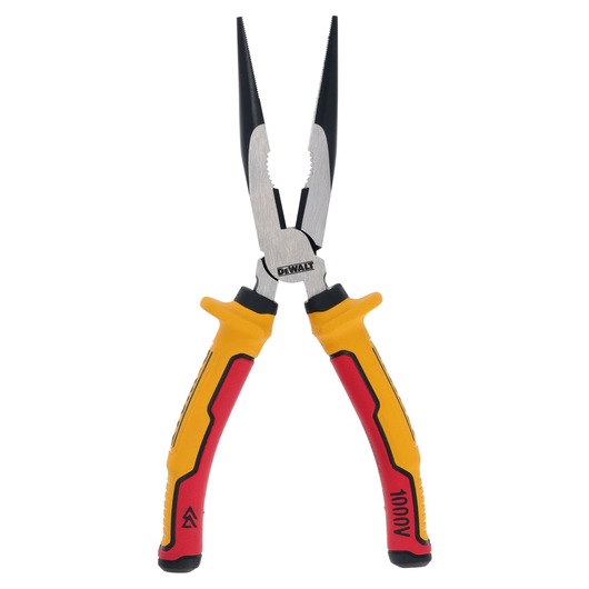 DEWALT insulated long nose pliers with yellow and red handles, shown against a white background.