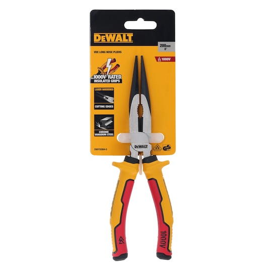 DEWALT DWHT82804-0 insulated long nose pliers, 200mm, yellow and red handles, in retail packaging.