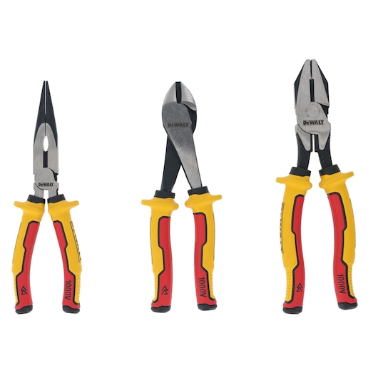 Three DEWALT hand tools with red and yellow handles displayed against a white background. From left to right: needle nose pliers, diagonal cutting pliers, and combination pliers.