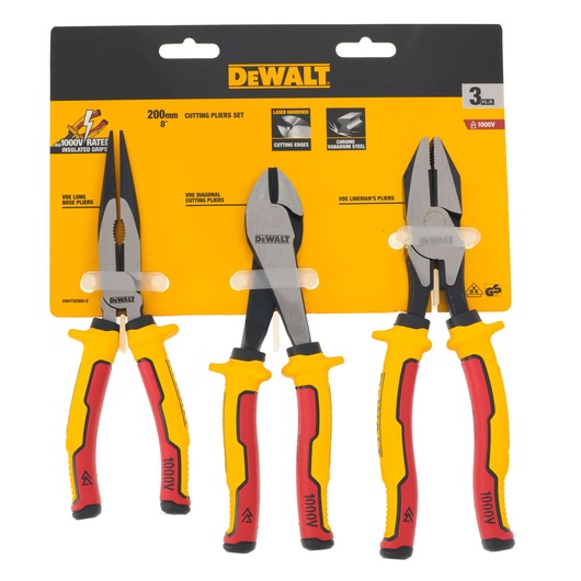 DEWALT 3-piece cutting pliers set with insulated grips, displayed in yellow and black retail packaging.