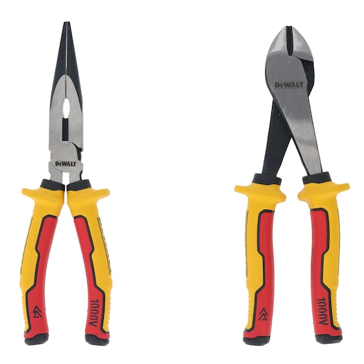 Two DEWALT hand tools with yellow and red handles are shown. On the left is a long nose plier and on the right is a diagonal cutting plier.