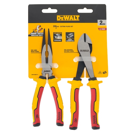 DEWALT 2-piece cutting pliers set with insulated grips, includes long nose and diagonal pliers, 200mm size.