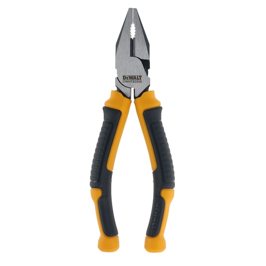 A pair of DEWALT lineman's pliers with a black and yellow ergonomic handle, shown upright against a white background.