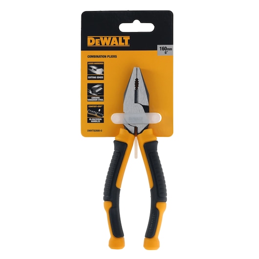 DEWALT 160mm combination pliers in packaging, black and yellow handles, photography category.