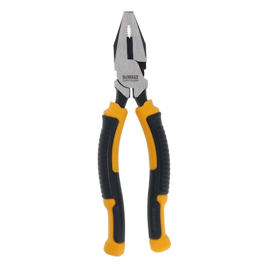 A pair of DEWALT combination pliers with a steel head and yellow and black rubberized handles, shown against a white background.