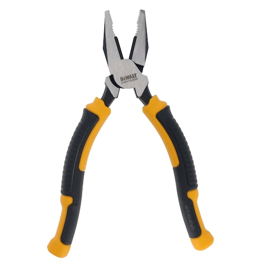 DEWALT pliers with yellow and black ergonomic handles, closed jaws, on a white background.